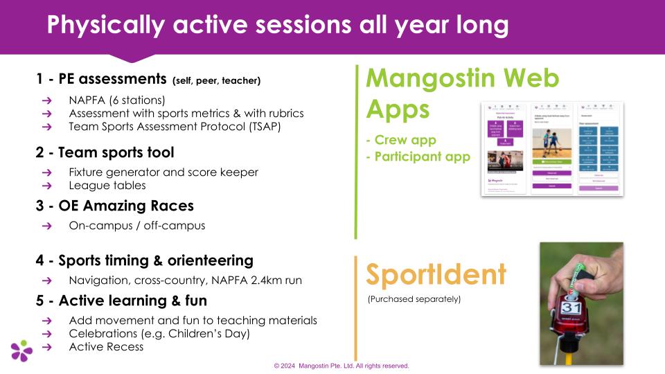 PE self, peer, teacher assessments. Fixture generator and score keeper. OE Amazing Races. Navigation, cross-country, NAPFA run. Active Recess